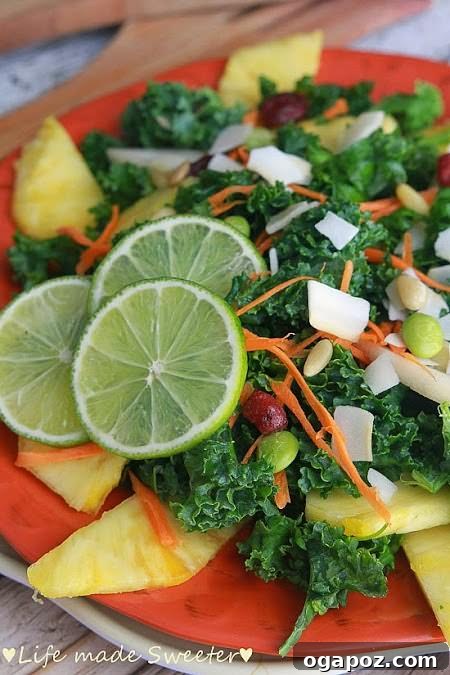 Color Your Plate 46 Tropical Kale Salad with Pineapple Honey Lime Dressing, a sweet and tangy green salad