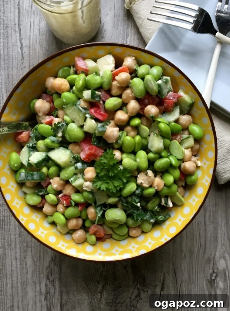 Color Your Plate 8 Edamame Chickpea Feta Salad with Lemon Tahini Dressing, a protein-rich dish