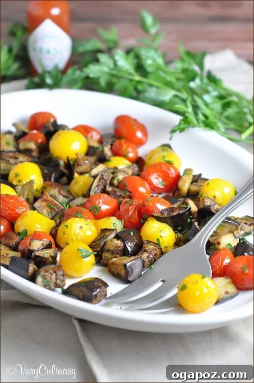 Color Your Plate 10 Spicy Roasted Eggplant and Cherry Tomatoes, a colorful vegetable side