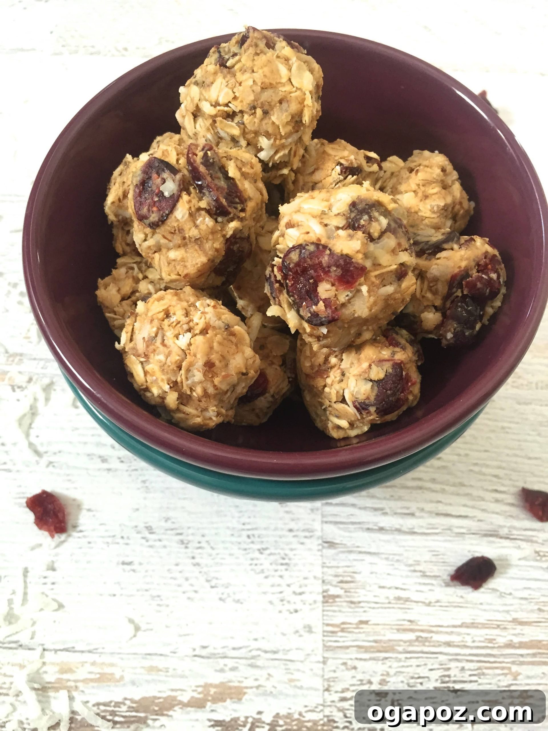 Delicious No-Bake Coconut Cranberry Energy Bites ready to eat, a perfect healthy snack.