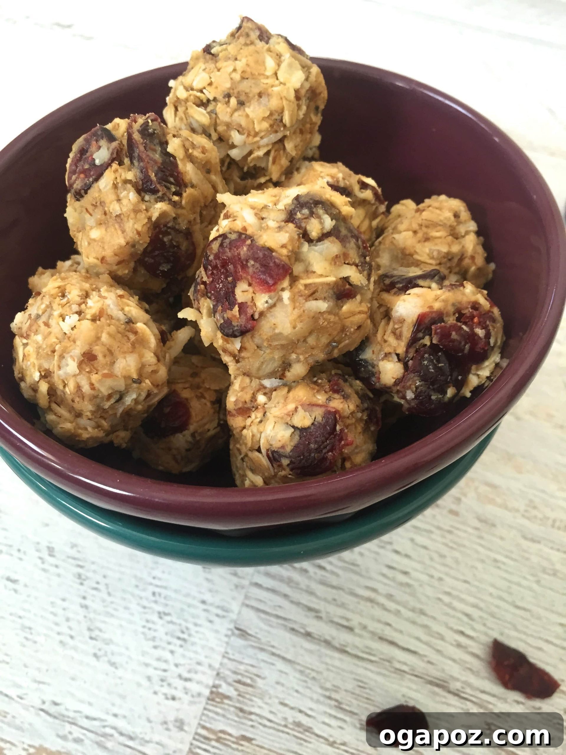 Close-up of No-Bake Coconut Cranberry Energy Bites on a plate, highlighting their texture and ingredients.