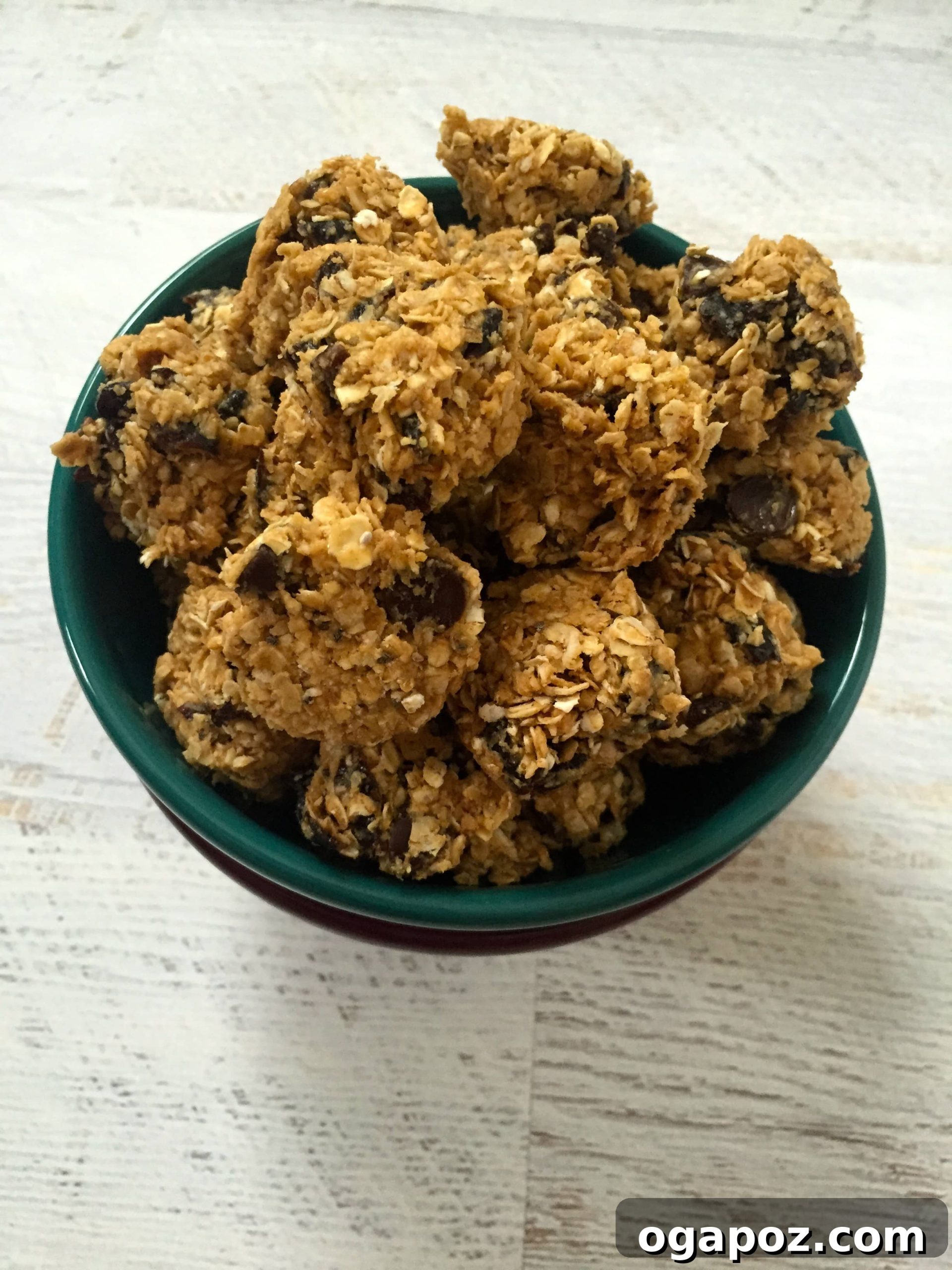 Close-up of Peanut Butter Oatmeal Prune Dark Chocolate Bites, showcasing their delicious texture and ingredients.