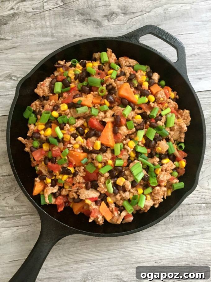 One-Pan 15-Minute Turkey, Sweet Potato & Black Bean Dinner 3 Close-up of the flavorful 15 Minute Turkey Sweet Potato Black Bean Skillet ingredients