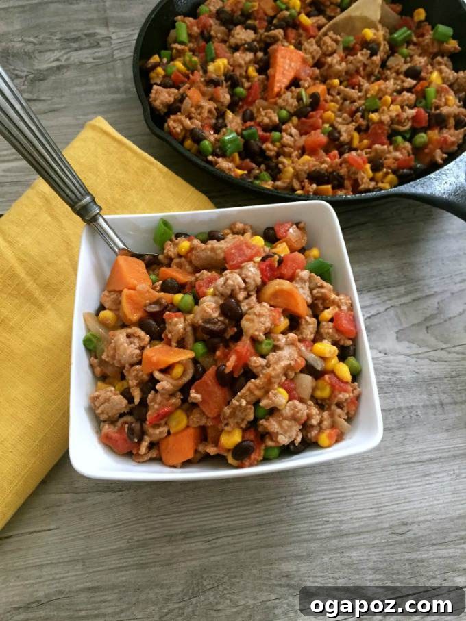 One-Pan 15-Minute Turkey, Sweet Potato & Black Bean Dinner 4 Preparation shot of the 15 Minute Turkey Sweet Potato Black Bean Skillet with Alexia blend