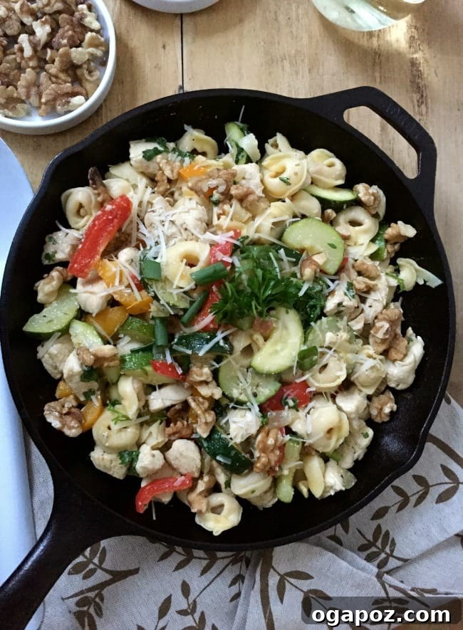 Easy 30-Minute Chicken Tortellini Skillet 4 A close-up of the cooked chicken tortellini skillet, ready to serve