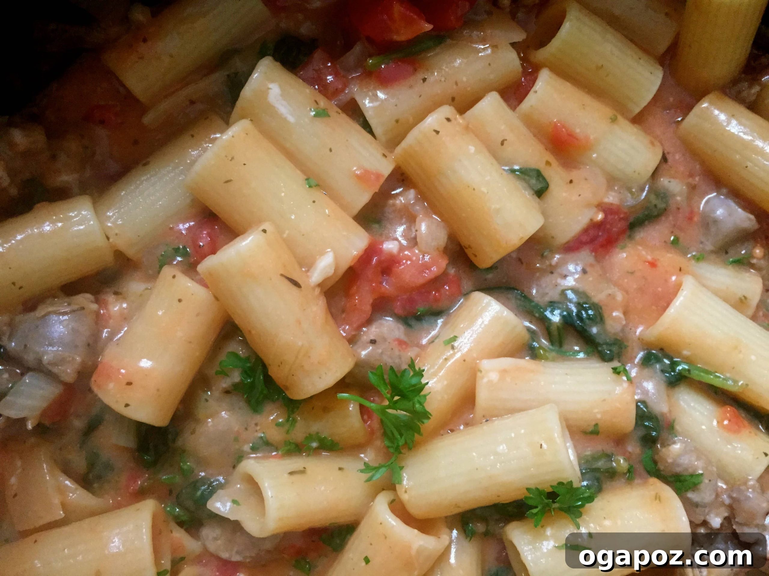 Creamy One-Pan Sausage Pasta 5 Close-up of creamy One Pot Cheesy Sausage Pasta.