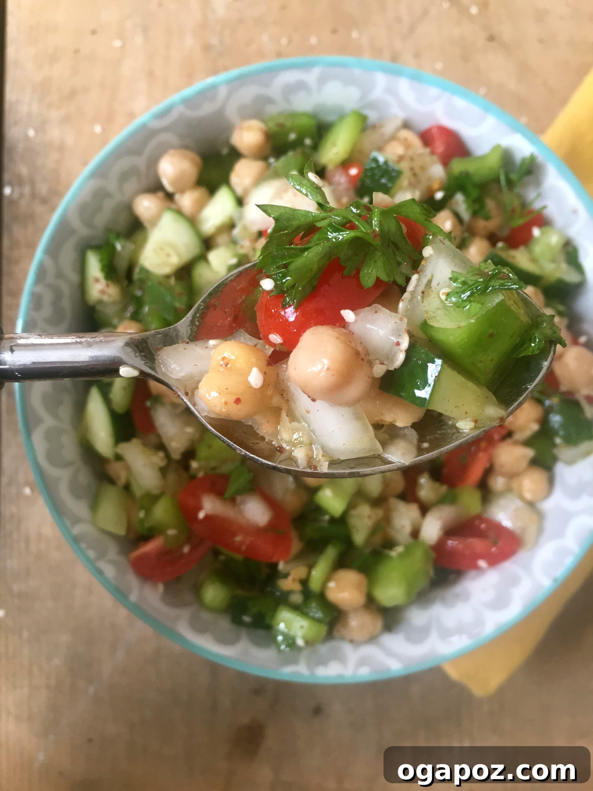 Wholesome Chickpea Chop 3 Close-up of Chopped Chickpea Salad, showcasing its fresh ingredients and vibrant colors.