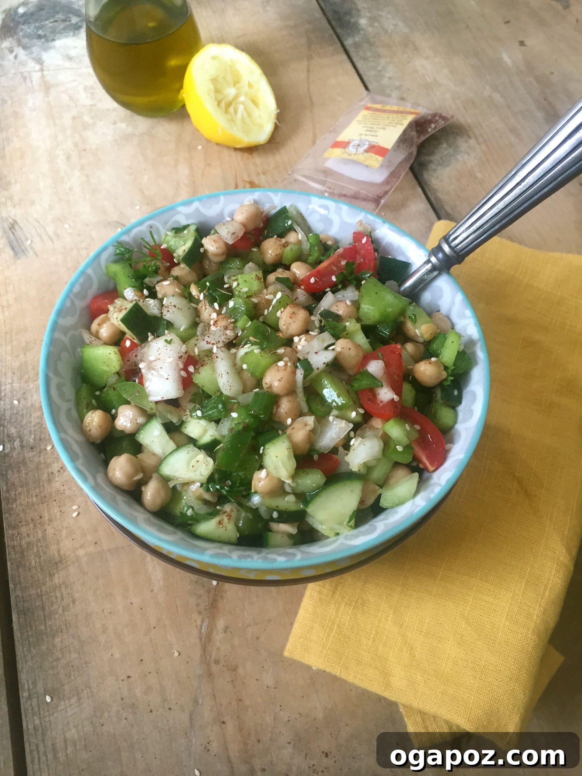 Wholesome Chickpea Chop 5 A close-up of a serving of Chopped Chickpea Salad, highlighting its texture and fresh ingredients.