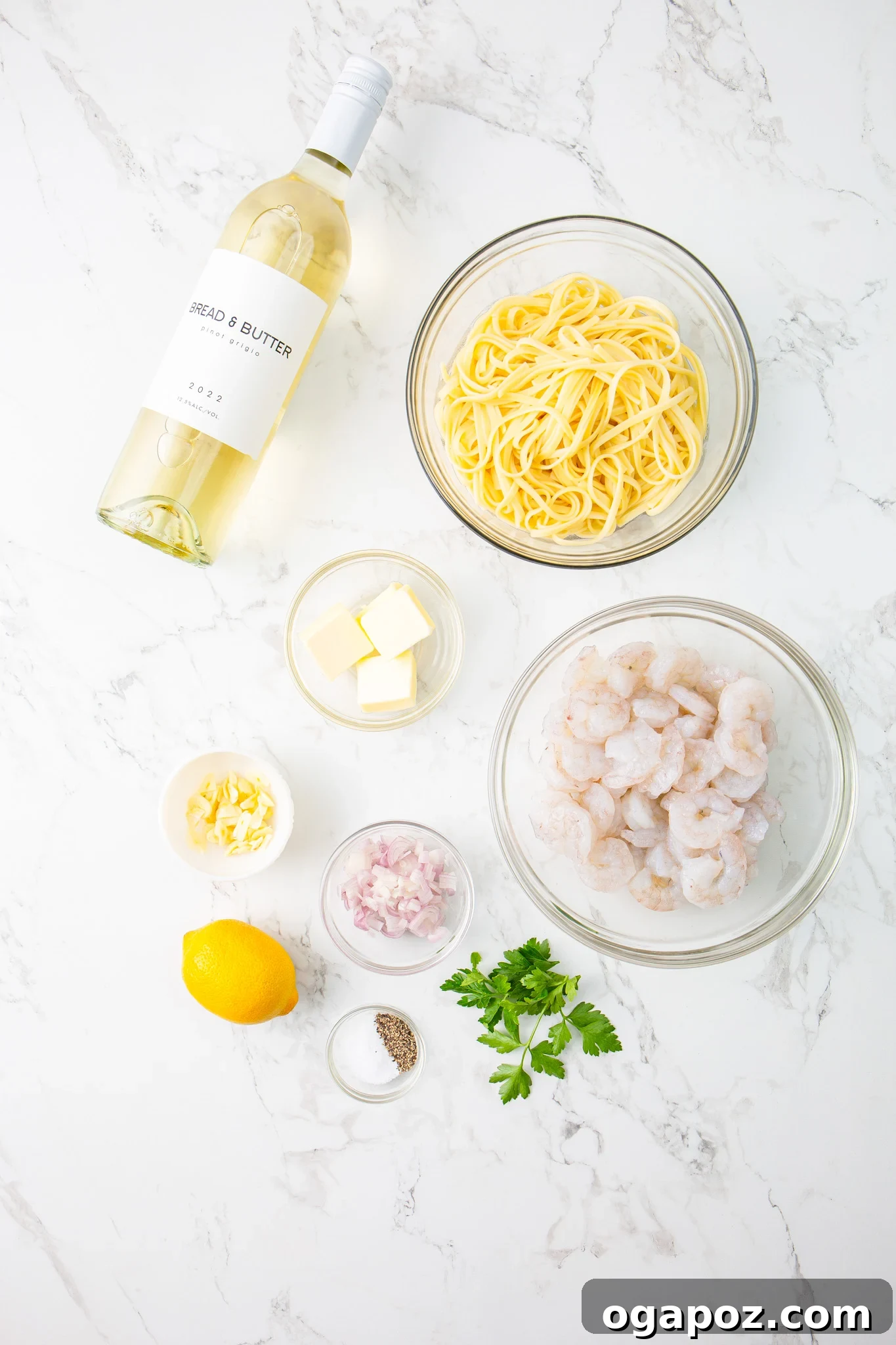 Sun-Kissed Lemon Garlic Shrimp Linguine 6 A selection of fresh ingredients for Lemon Garlic Shrimp Pasta, including shrimp, lemon, garlic, and parsley.