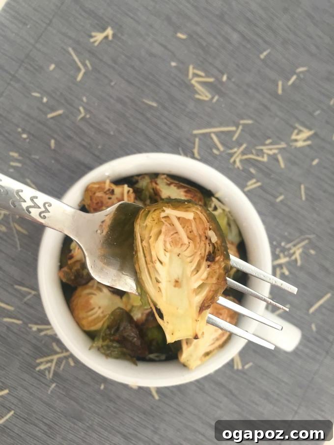 Golden Roasted Brussels with Lemon and Garlic 5 A serving of roasted Brussels sprouts with fresh Parmesan