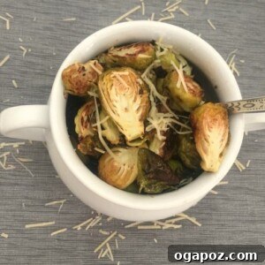 Golden Roasted Brussels with Lemon and Garlic 7 A close-up shot of the perfectly roasted Lemon Garlic Brussels Sprouts.