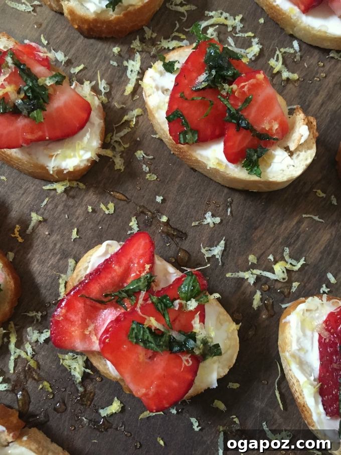 Fresh Strawberry Mint Mascarpone Crostini with Lemon Honey Drizzle 5 Another beautiful shot of Strawberry Mint Crostini ready for serving