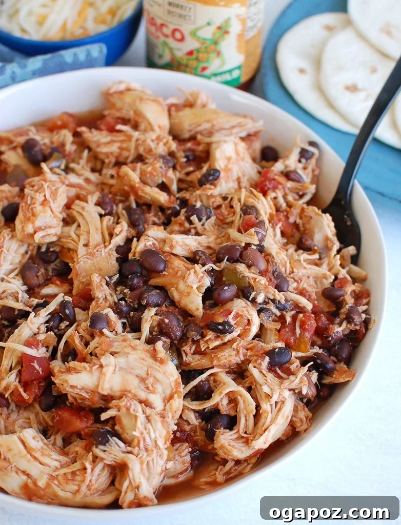 Slow Cooker Shredded Chicken in a white bowl, ready to serve.