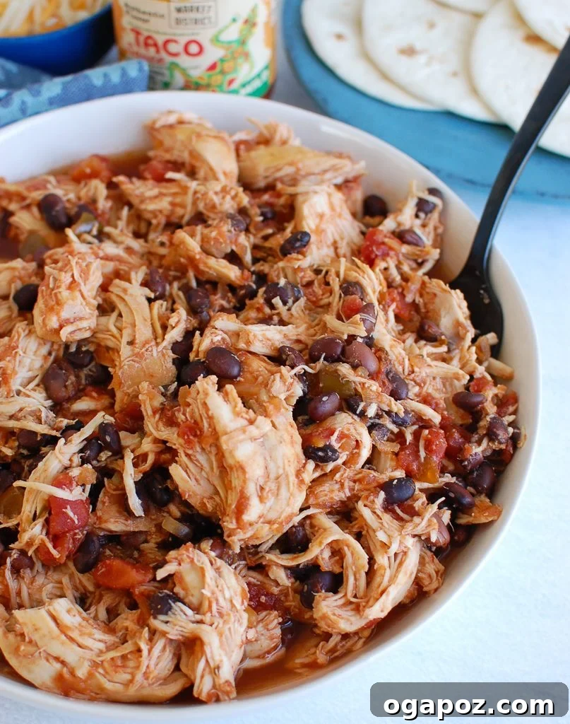 Slow Cooker Shredded Chicken with black beans in the crockpot.