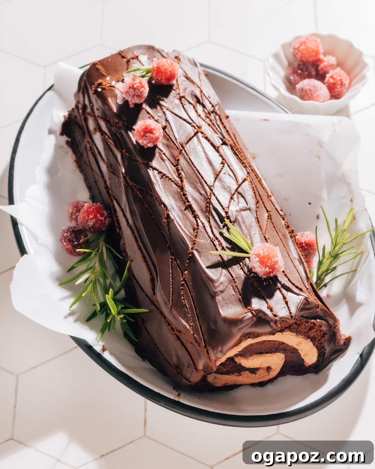 Decadent Chocolate Swirl Cake 8 Finished Chocolate Swiss Roll Cake garnished with confectioners' sugar.