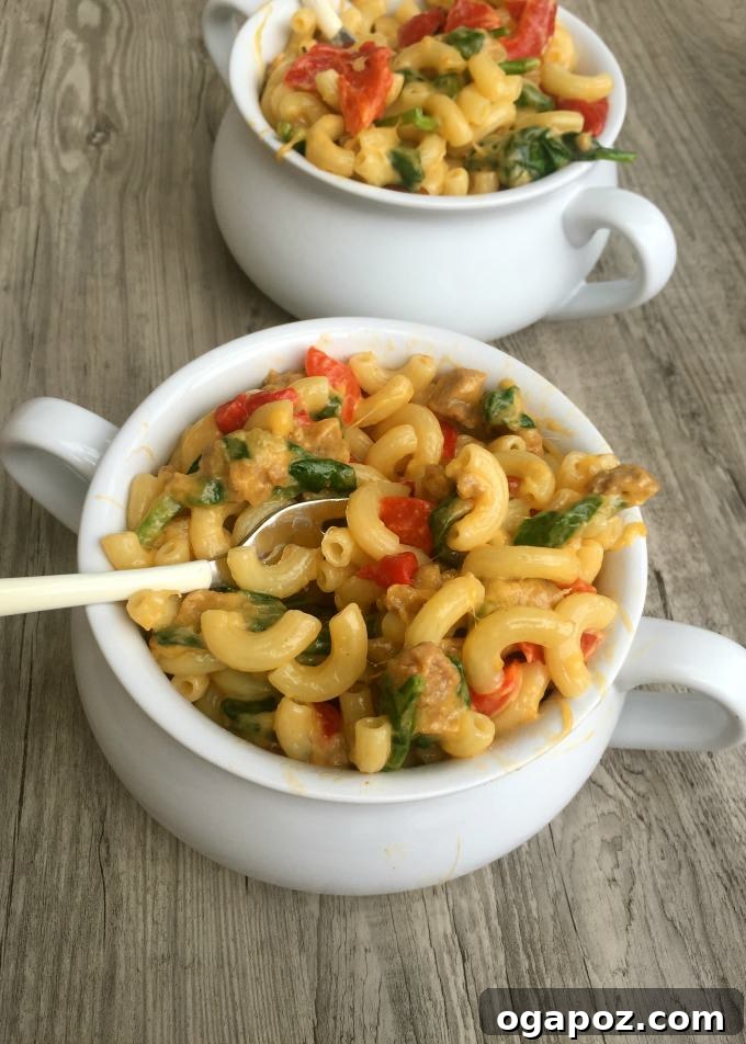 Smoky Sausage, Sweet Pepper, and Gouda Mac and Cheese 3 Large serving of Sausage, Roasted Red Pepper, and Gouda Macaroni and Cheese