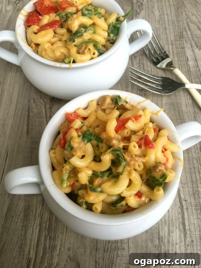 Smoky Sausage, Sweet Pepper, and Gouda Mac and Cheese 5 Sausage Roasted Red Pepper and Gouda Macaroni and Cheese, garnished