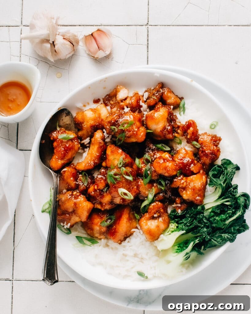 Healthier Honey Garlic Chicken served with green onions and a side of bok choy.