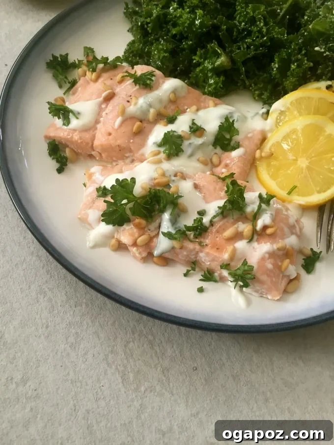 Citrus Baked Salmon with Minted Yogurt Drizzle and Toasted Pine Nut Crunch 3 Lemon Baked Salmon with Pine Nuts and Mint Yogurt Sauce