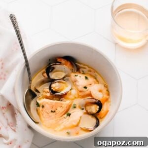 Seafood Cioppino in a rustic bowl, ready to be served.