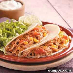 Lime Chicken Tacos Soft tacos filled with slow-cooked lime chicken, corn, and salsa