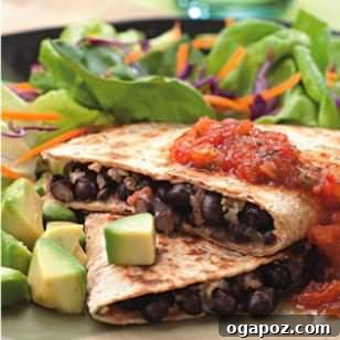 Black Bean Quesadillas Crispy whole wheat quesadillas filled with black beans and melted cheese, served with salsa and avocado slices