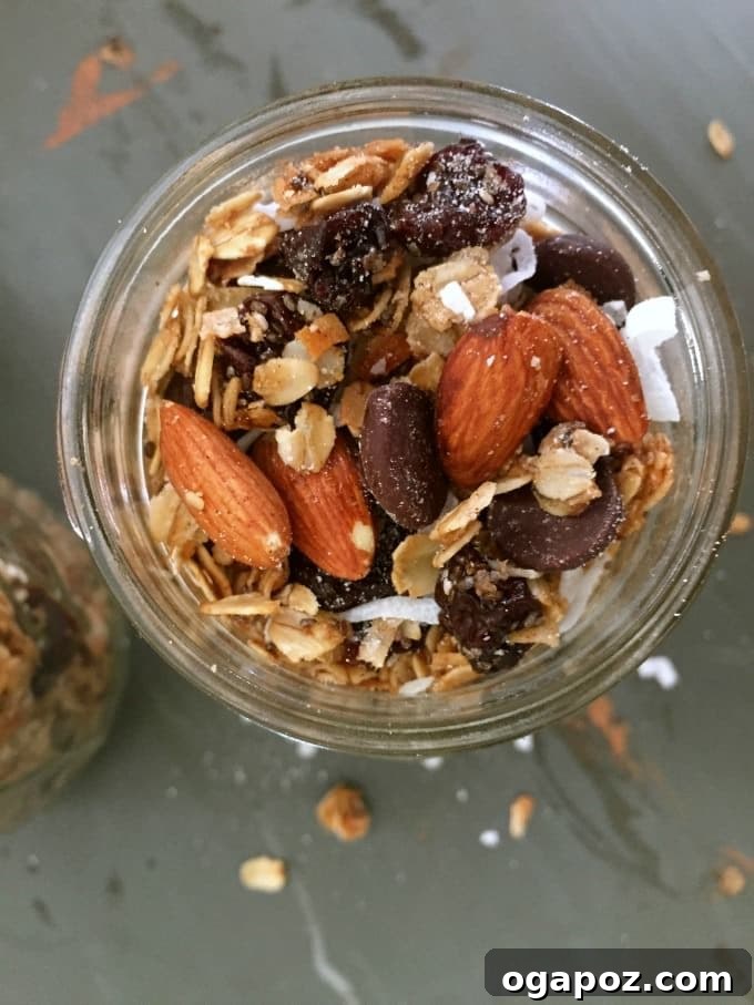 Decadent Dark Cherry Almond Granola 3 Close-up of crunchy Dark Chocolate Cherry Almond Granola with visible ingredients.