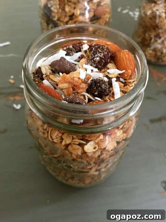 Decadent Dark Cherry Almond Granola 4 Dark Chocolate Cherry Almond Granola in a clear jar, ready for storage.