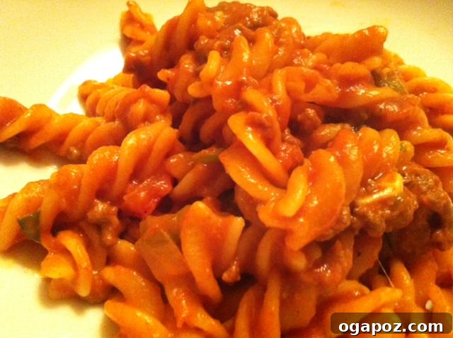 goulash half Half-empty pot of Pasta Goulash showing the hearty pasta and meat mixture, ready to serve