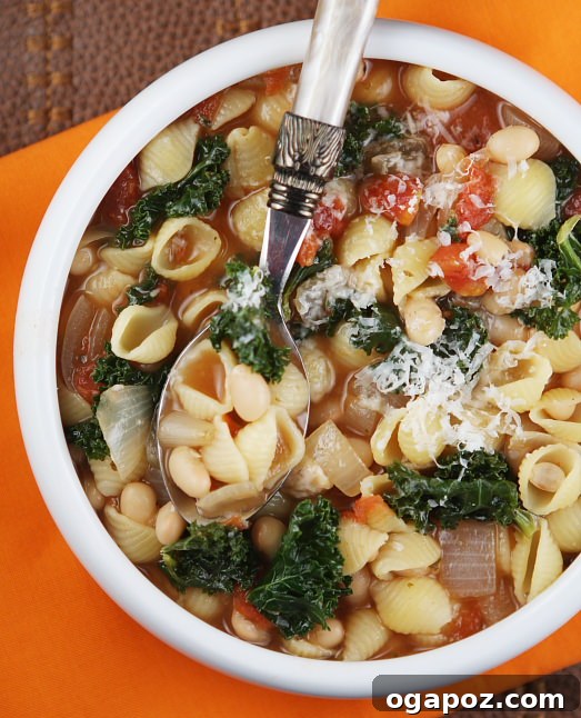 Pasta Fagioli A rustic bowl of Pasta Fagioli, an Italian soup with pasta and beans.