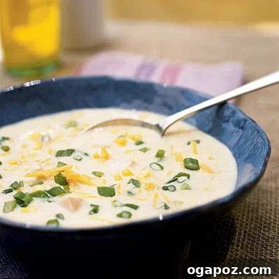 Delicious Corn Chowder Hearty Chicken Corn Chowder, a perfect blend of creamy texture and sweet corn kernels.