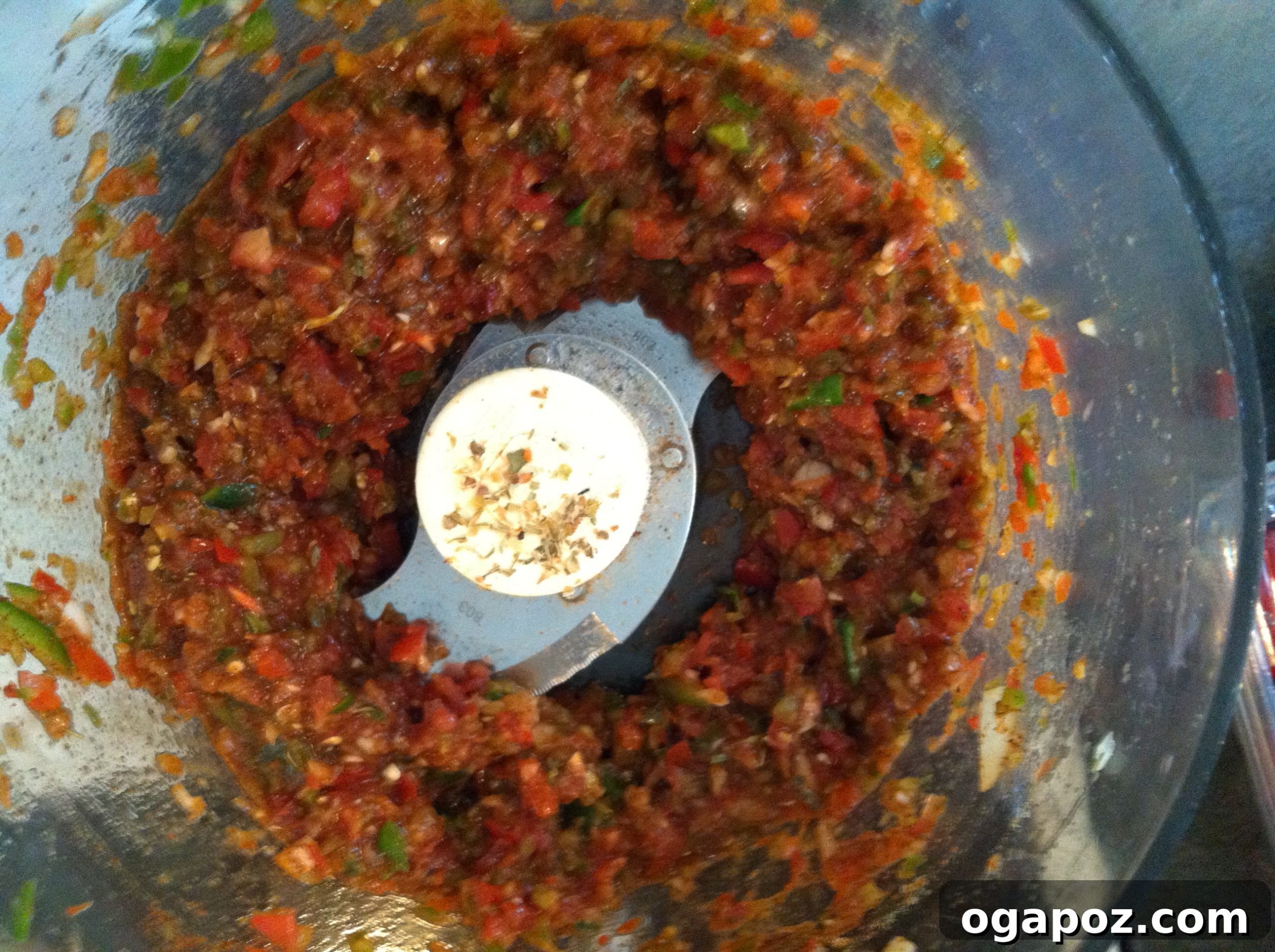 IMG_4121 Processed salsa ingredients in a food processor, showing a chunky texture.