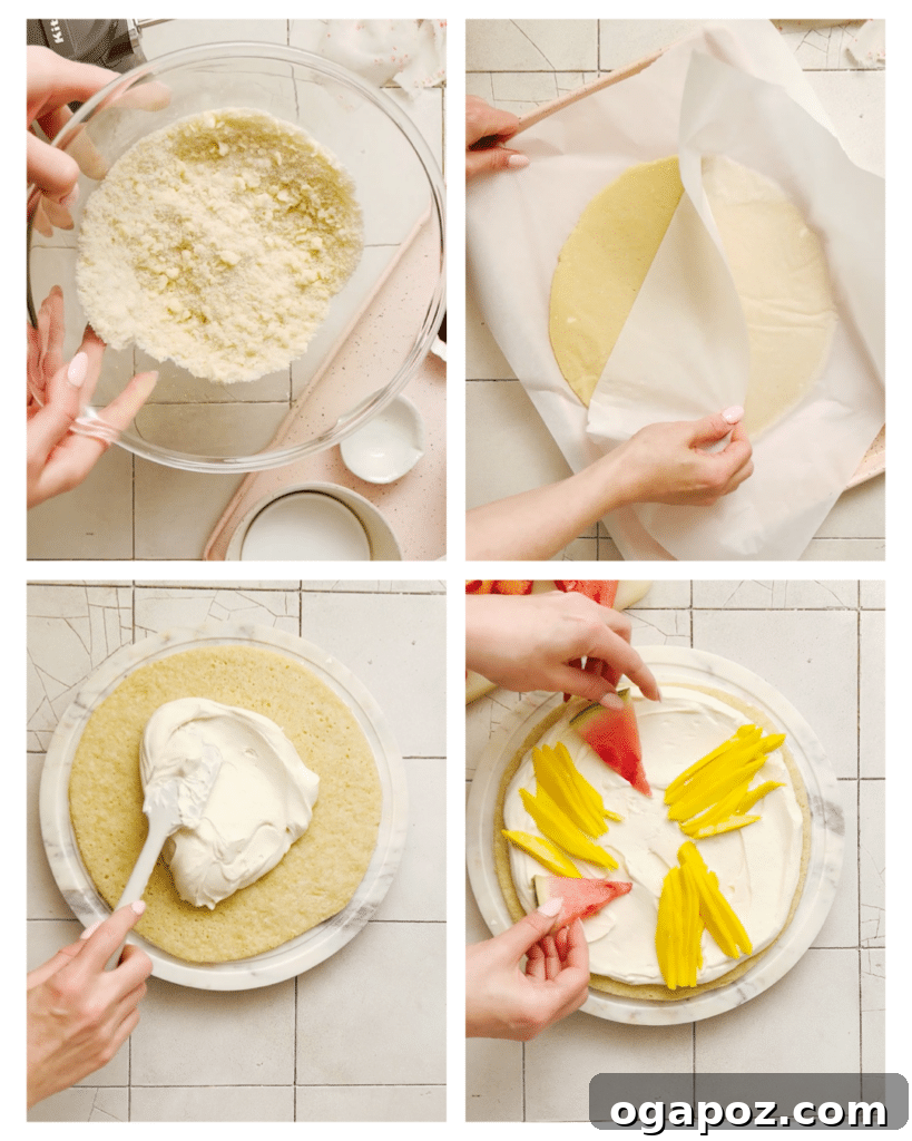 Ultimate Sugar Cookie Fruit Pizza 4 A finished easy fruit pizza, featuring colorful fresh fruits meticulously arranged over a fluffy cream cheese frosting, and a golden sugar cookie base, ready to be served.