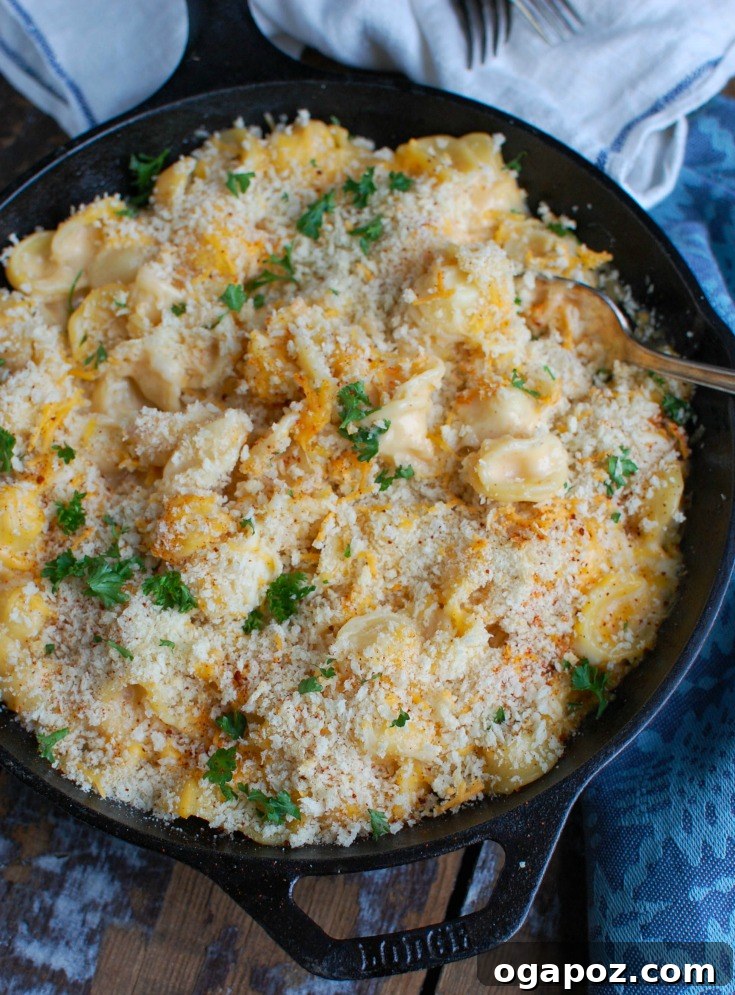 Golden Crusted Baked Mac and Cheese 3 Baked Mac and Cheese with Bread Crumbs Recipe in skillet