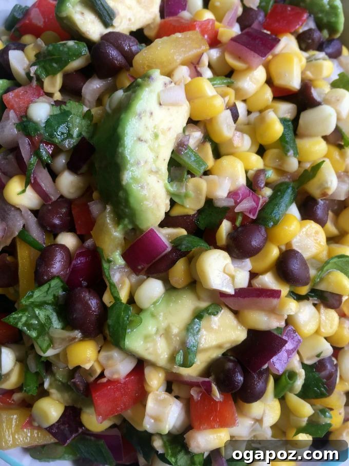 Sunshine Corn and Black Bean Delight 3 Close-up photo of Sweet Corn Black Bean Salad showing the vibrant colors of corn, black beans, peppers, and avocado with fresh cilantro