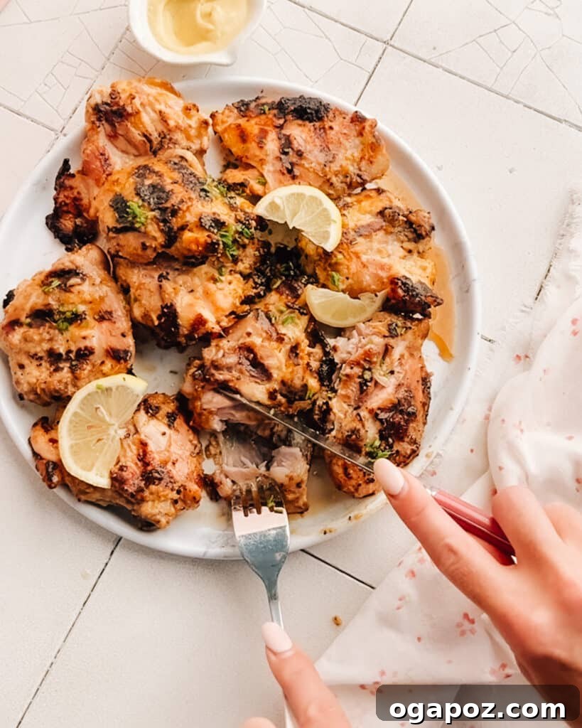 Chargrilled Honey Mustard Thighs 3 Juicy Grilled Mustard Marinated Chicken with fresh lemon slices and herbs.