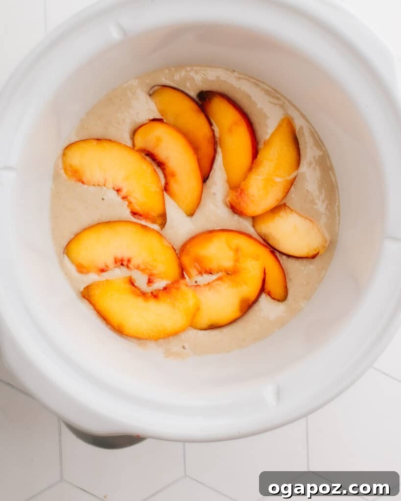 Overnight Slow-Baked Morning Oats 5 A bowl of Crockpot Slow Cooker Baked Oats garnished with extra peach slices and a sprinkle of cinnamon.