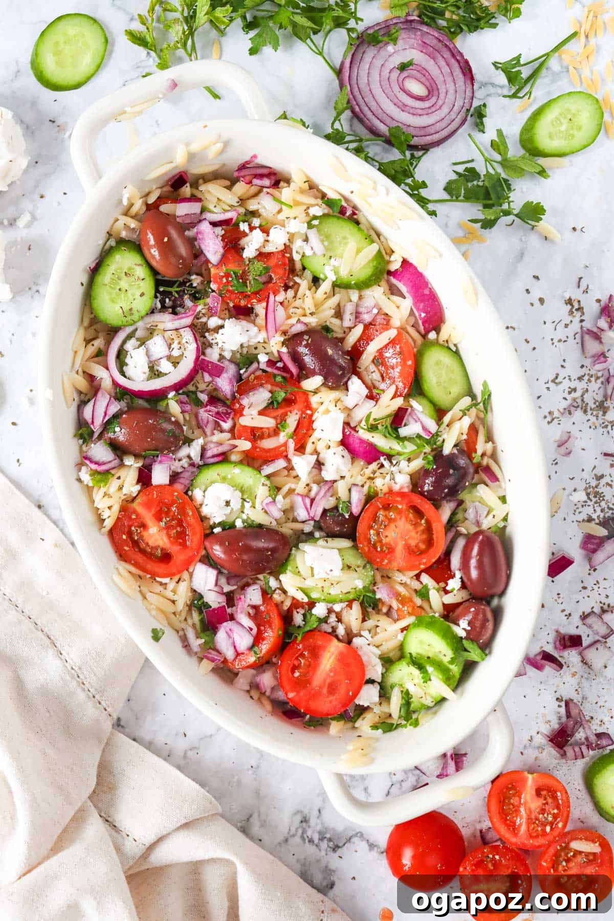 Vibrant Grecian Orzo 2 Two white bowls filled with vibrant Greek Orzo Pasta Salad, garnished with fresh herbs.