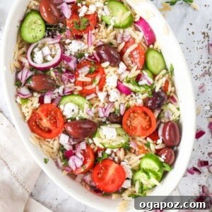 Serving of Greek Orzo Pasta Salad
