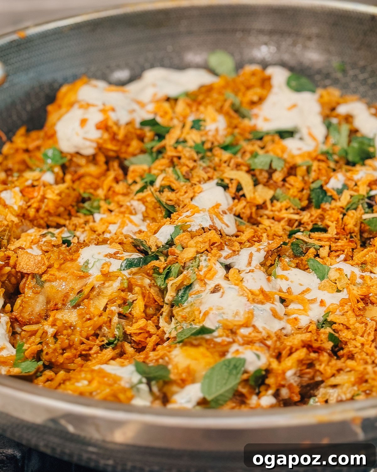 Simplified Chicken Biryani 5 A close-up of a serving of shortcut chicken biryani, showcasing the fluffy rice, tender chicken, and vibrant spices.