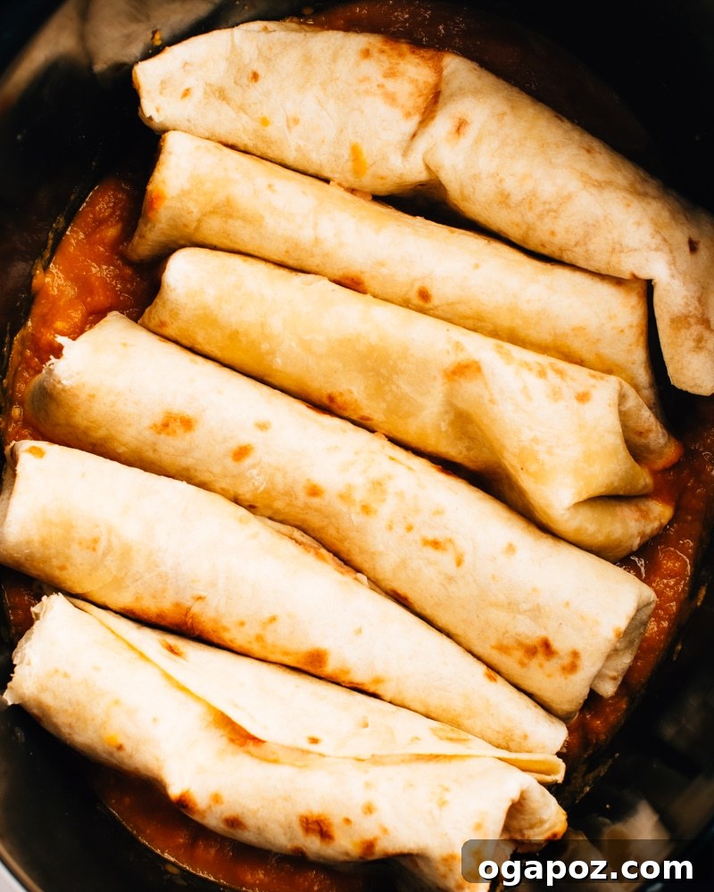 Harvest Fire Chicken Enchiladas 7 Arrangement of rolled chicken enchiladas neatly placed in a Crockpot Slow Cooker, covered in sauce and cheese