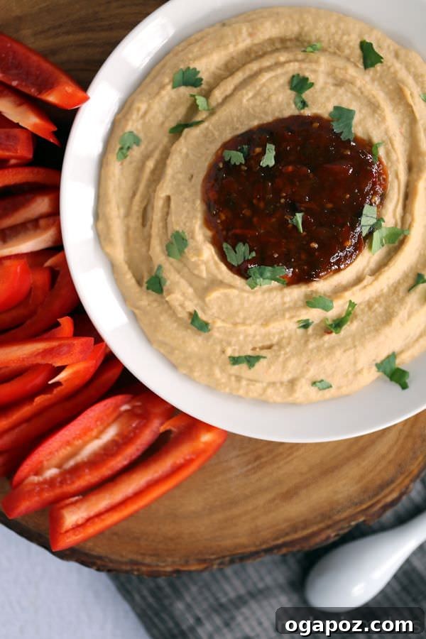 Beyond the Bowl: 12 Exciting Hummus Recipes 12 A bowl of unique Chili Cilantro Blender Hummus, garnished with fresh cilantro and chili flakes.