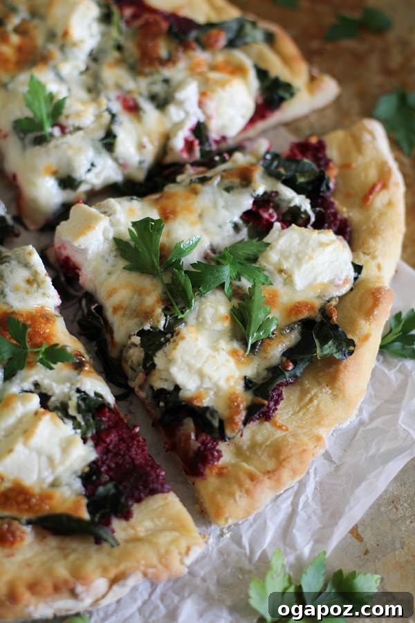 21 Creative Ways to Enjoy Kale 15 Vibrant Beet Pesto Pizza with kale and goat cheese