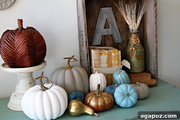 Beautiful chalk-painted pumpkins as rustic fall decor