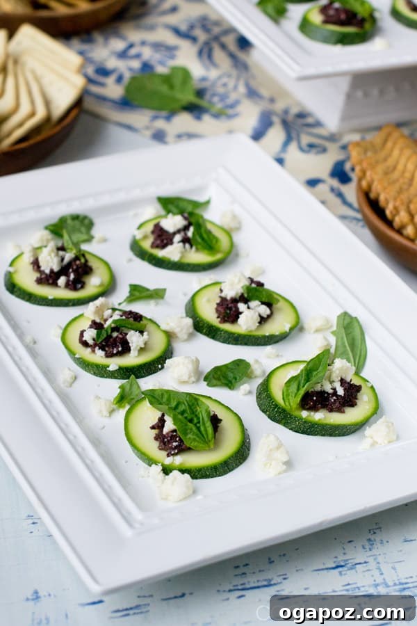 12 Irresistible Zucchini Recipes 10 Elegant appetizer bites featuring zucchini slices topped with olive tapenade and feta cheese