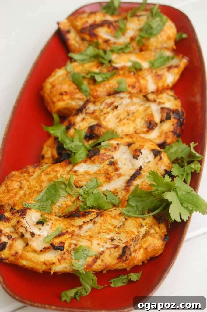 Smoky Tandoori Grilled Chicken 2 Tandoori Grilled Chicken on red plate, garnished with fresh cilantro