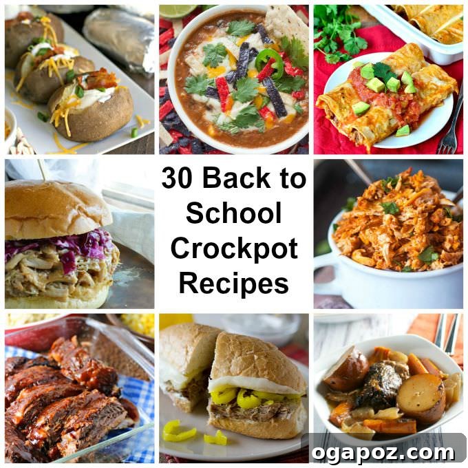 Effortless Slow Cooker Dinners for Busy School Nights 2 A vibrant collage of various slow cooker meals, highlighting hearty and comforting dishes perfect for back-to-school season.