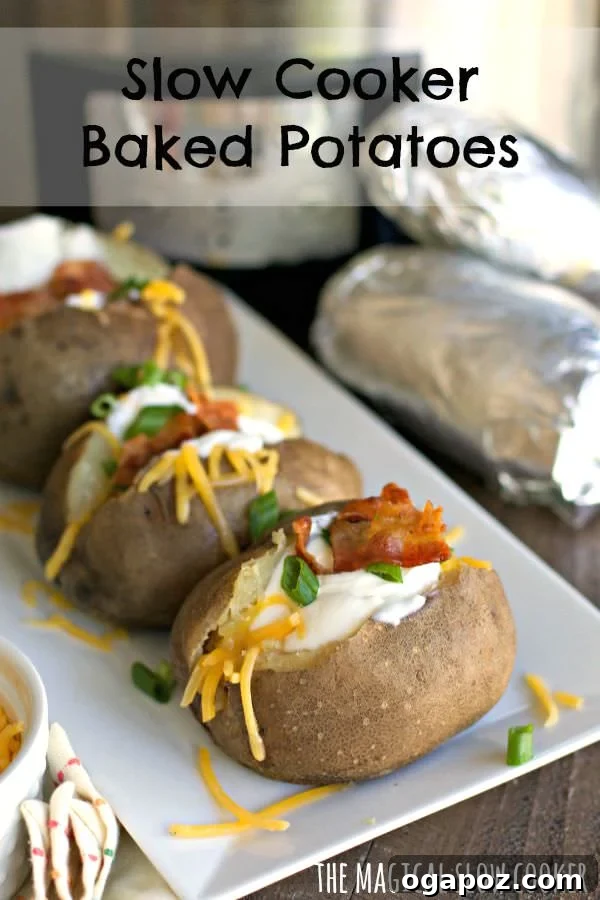 Effortless Slow Cooker Dinners for Busy School Nights 11 Fluffy and perfectly cooked slow cooker baked potatoes, ready to be topped with your favorite fixings.