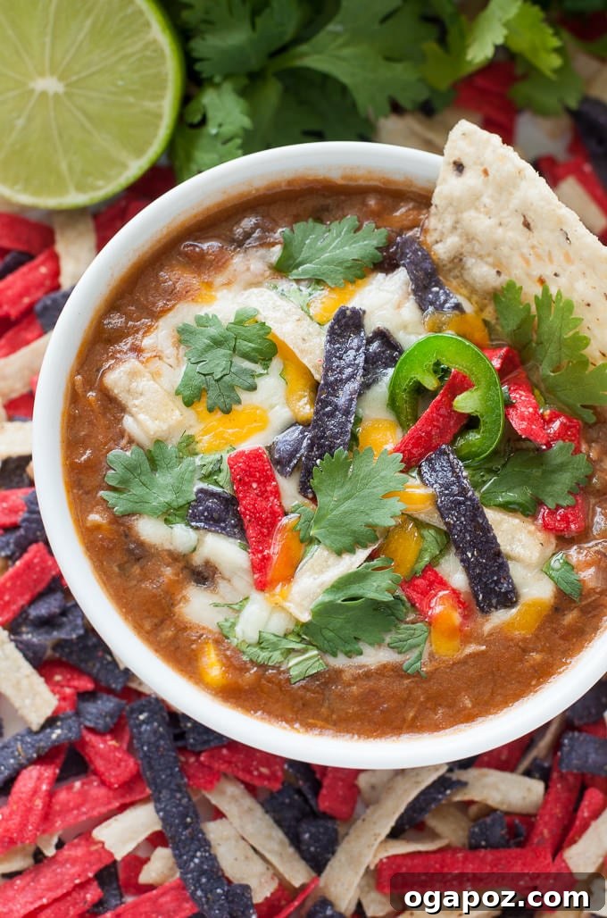 Effortless Slow Cooker Dinners for Busy School Nights 3 A large bowl of homemade slow cooker chicken tortilla soup, garnished with fresh cilantro and lime wedges, ready to serve.