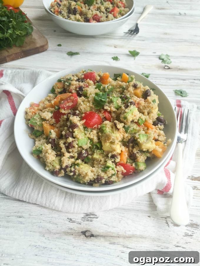 12 Superfood Avocado Recipes 11 Southwestern Avocado Quinoa Salad with Chipotle Hummus Dressing, a vibrant and protein-packed salad featuring quinoa, avocado, and a spicy hummus dressing.